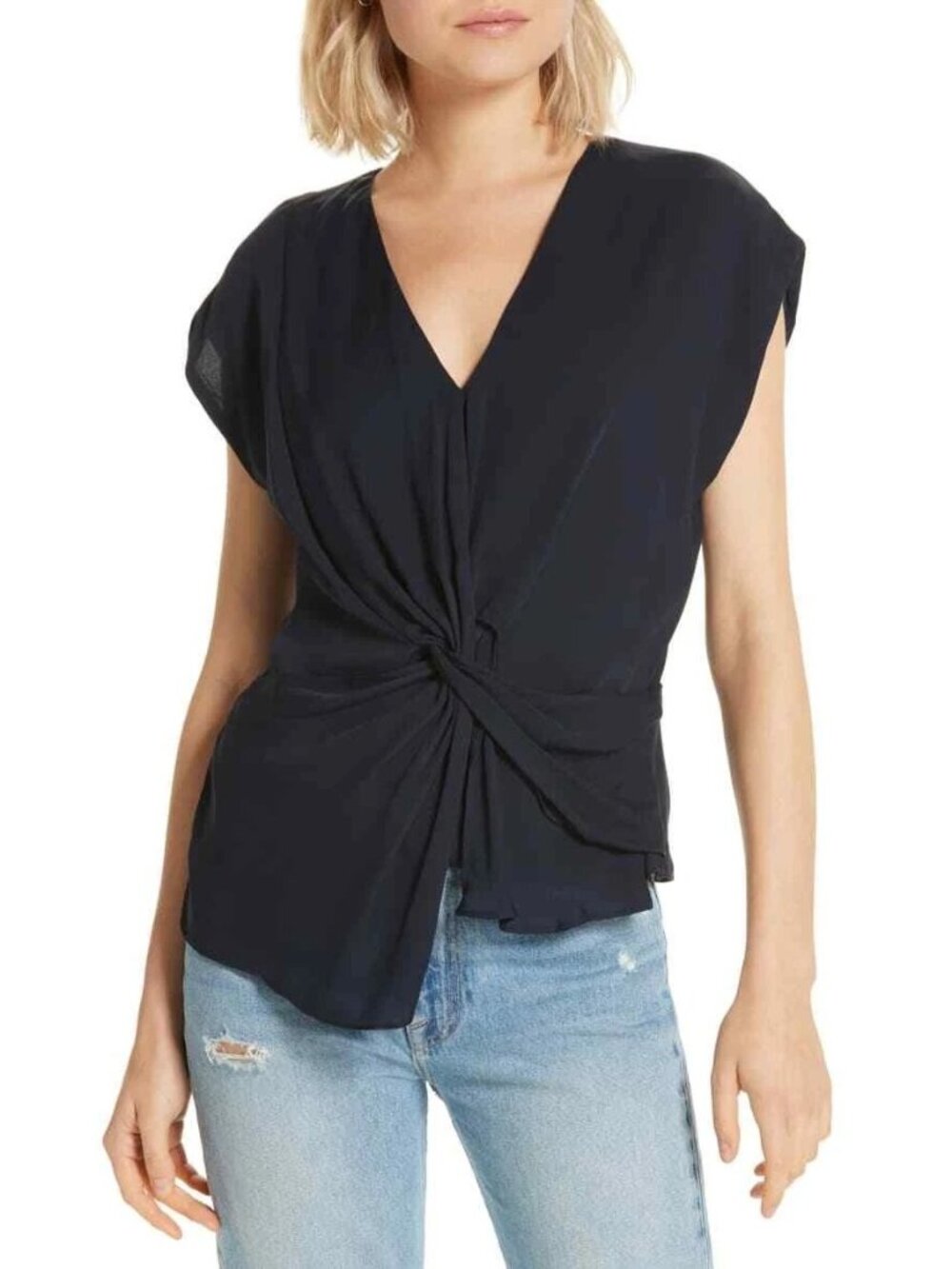 Joie Bosko Navy Blue Silk Wrap Front Blouse XXS